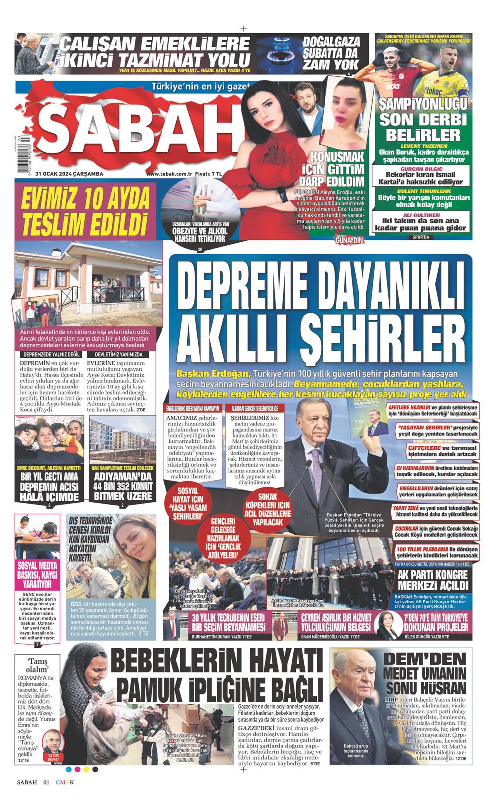 31 Ocak 2024 Çarşamba - Sabah gazetesi manşet
