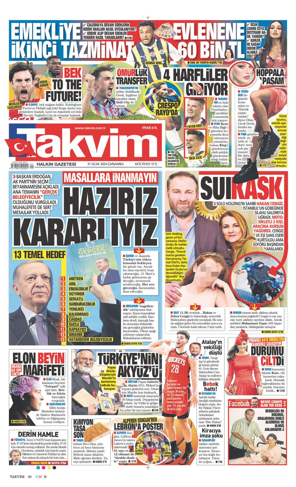 31 Ocak 2024 Çarşamba - Takvim gazetesi manşet