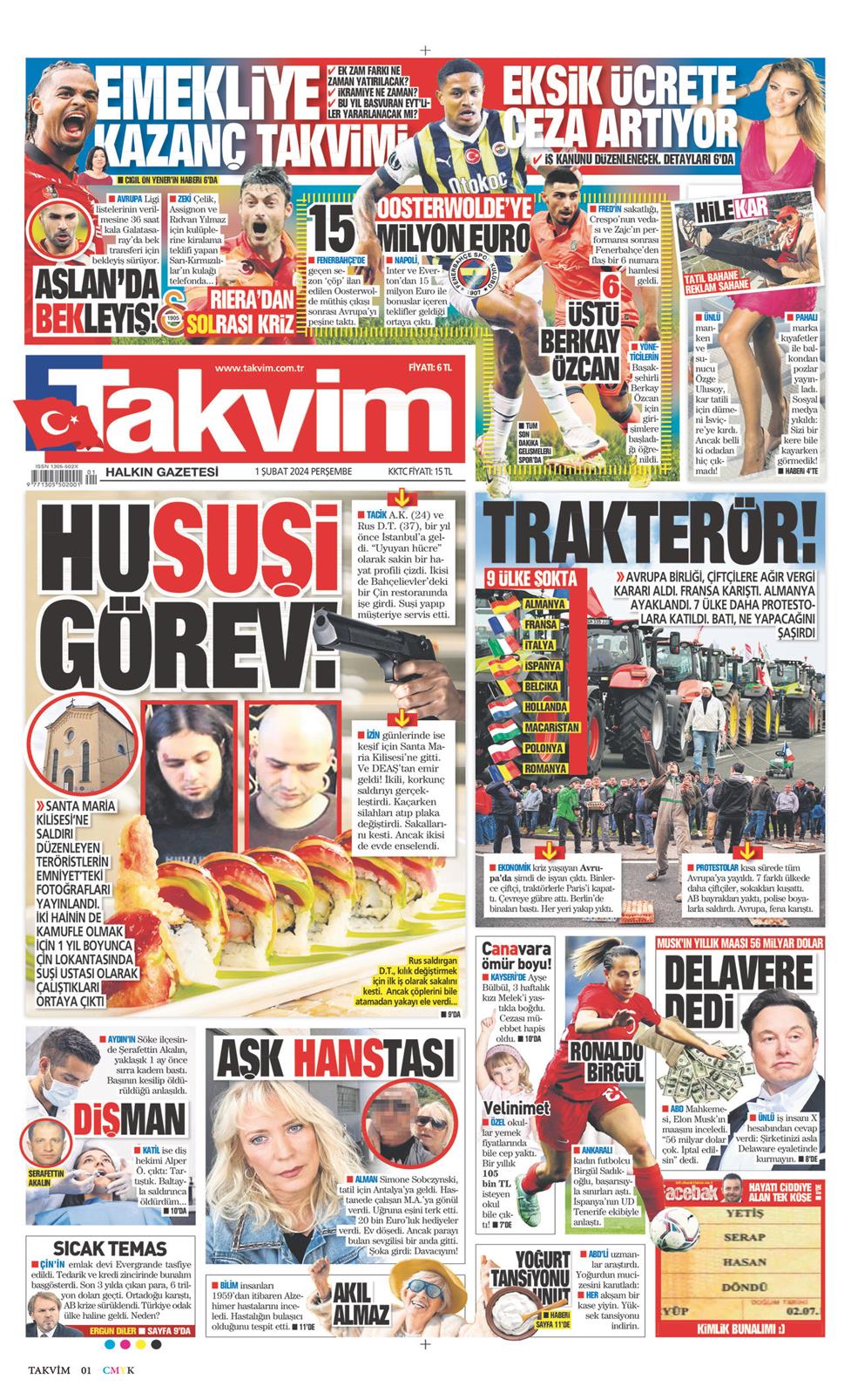 01 Şubat 2024 Perşembe - Takvim gazetesi manşet