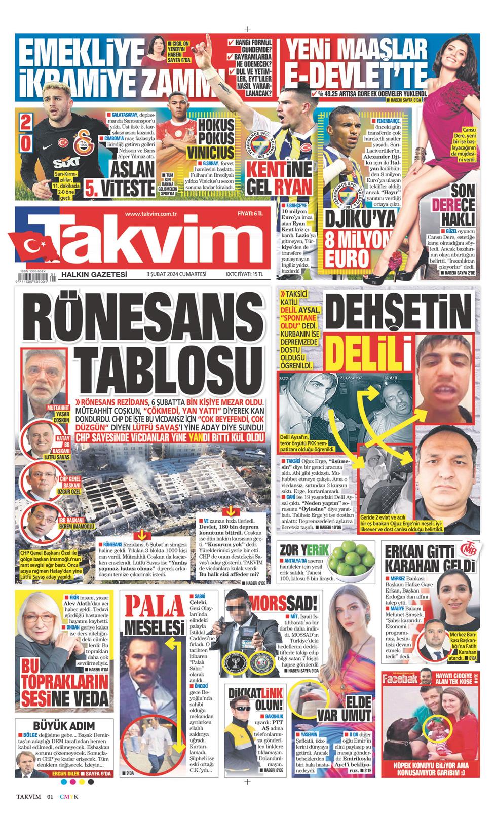 03 Şubat 2024 Cumartesi - Takvim gazetesi manşet