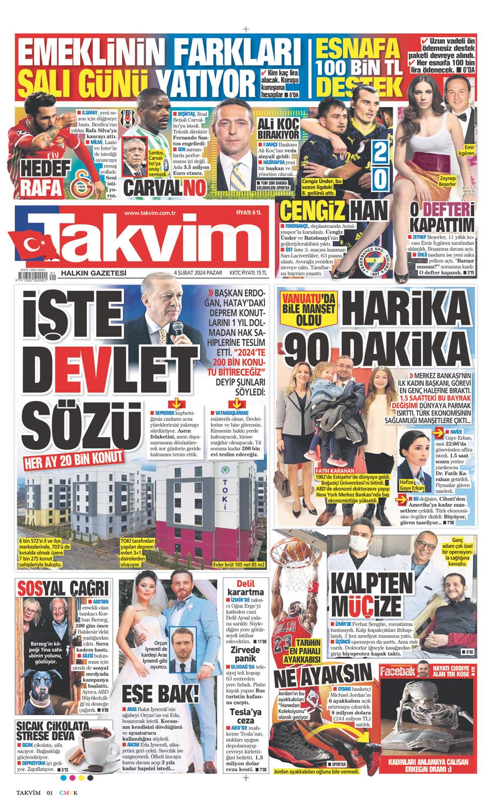 04 Şubat 2024 Pazar - Takvim gazetesi manşet