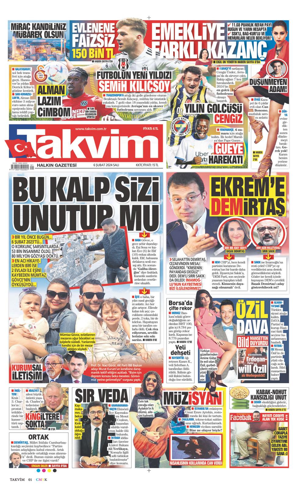 06 Şubat 2024 Salı - Takvim gazetesi manşet