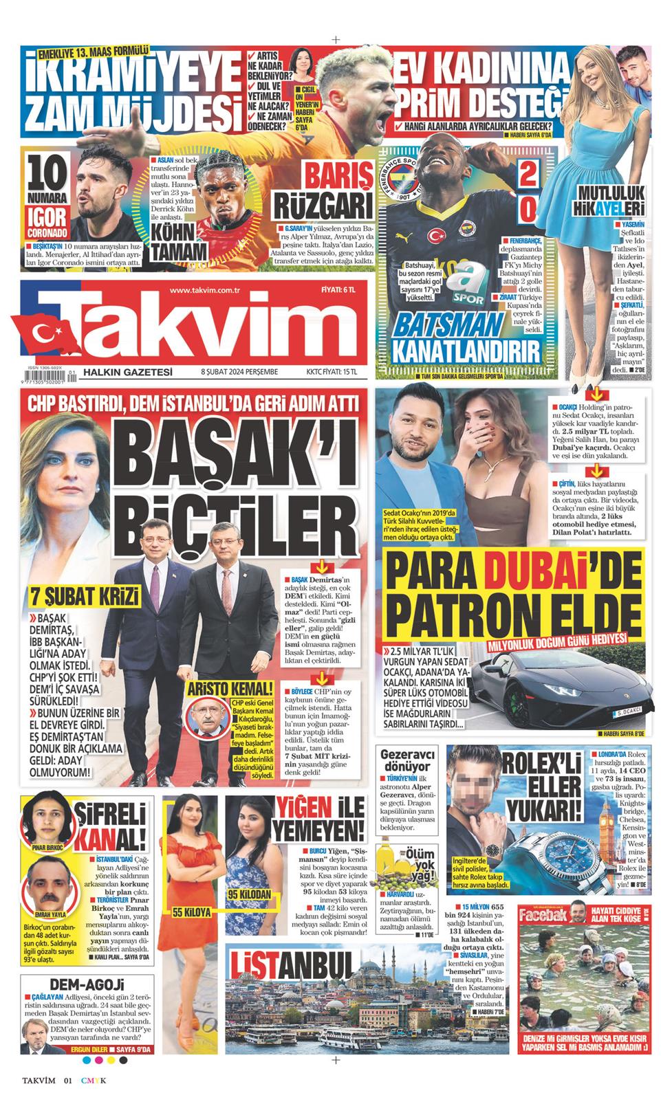 08 Şubat 2024 Perşembe - Takvim gazetesi manşet