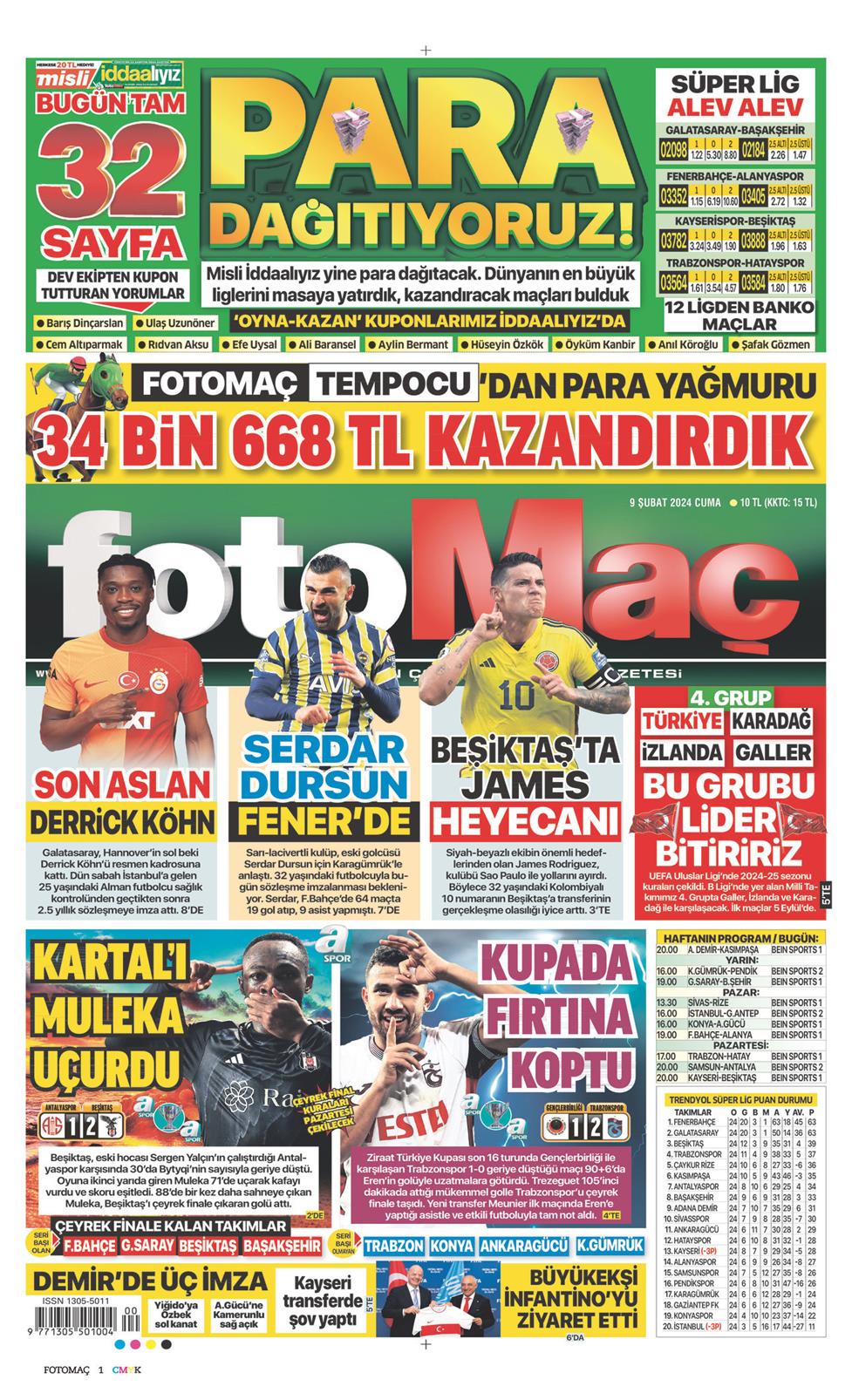 09 Şubat 2024 Cuma - Fotomaç gazetesi manşet