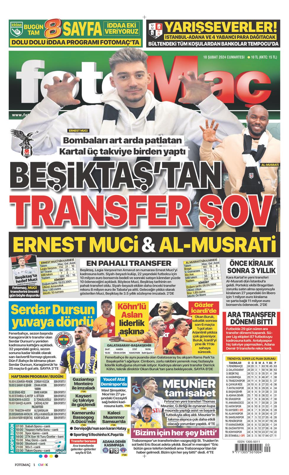 10 Şubat 2024 Cumartesi - Fotomaç gazetesi manşet