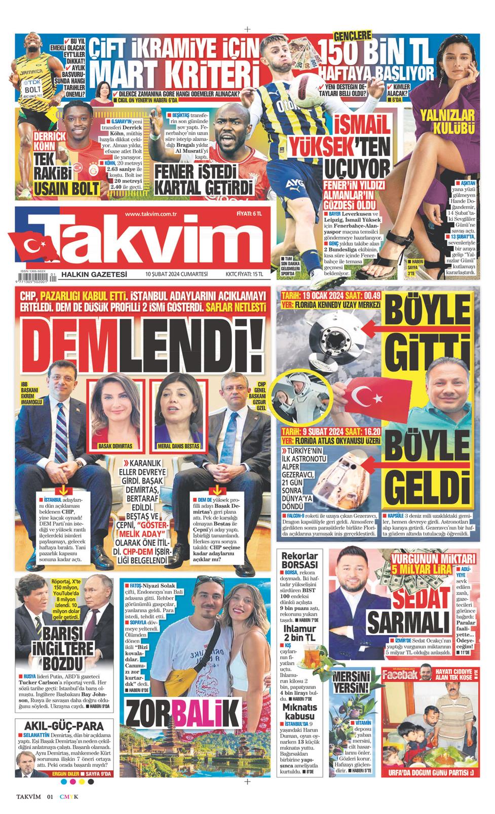 10 Şubat 2024 Cumartesi - Takvim gazetesi manşet