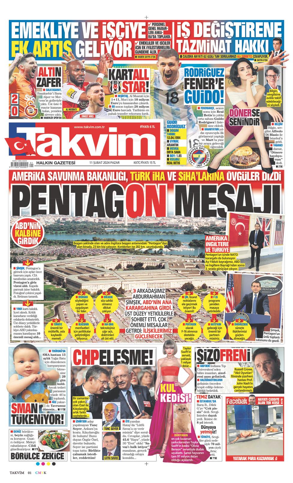 11 Şubat 2024 Pazar - Takvim gazetesi manşet