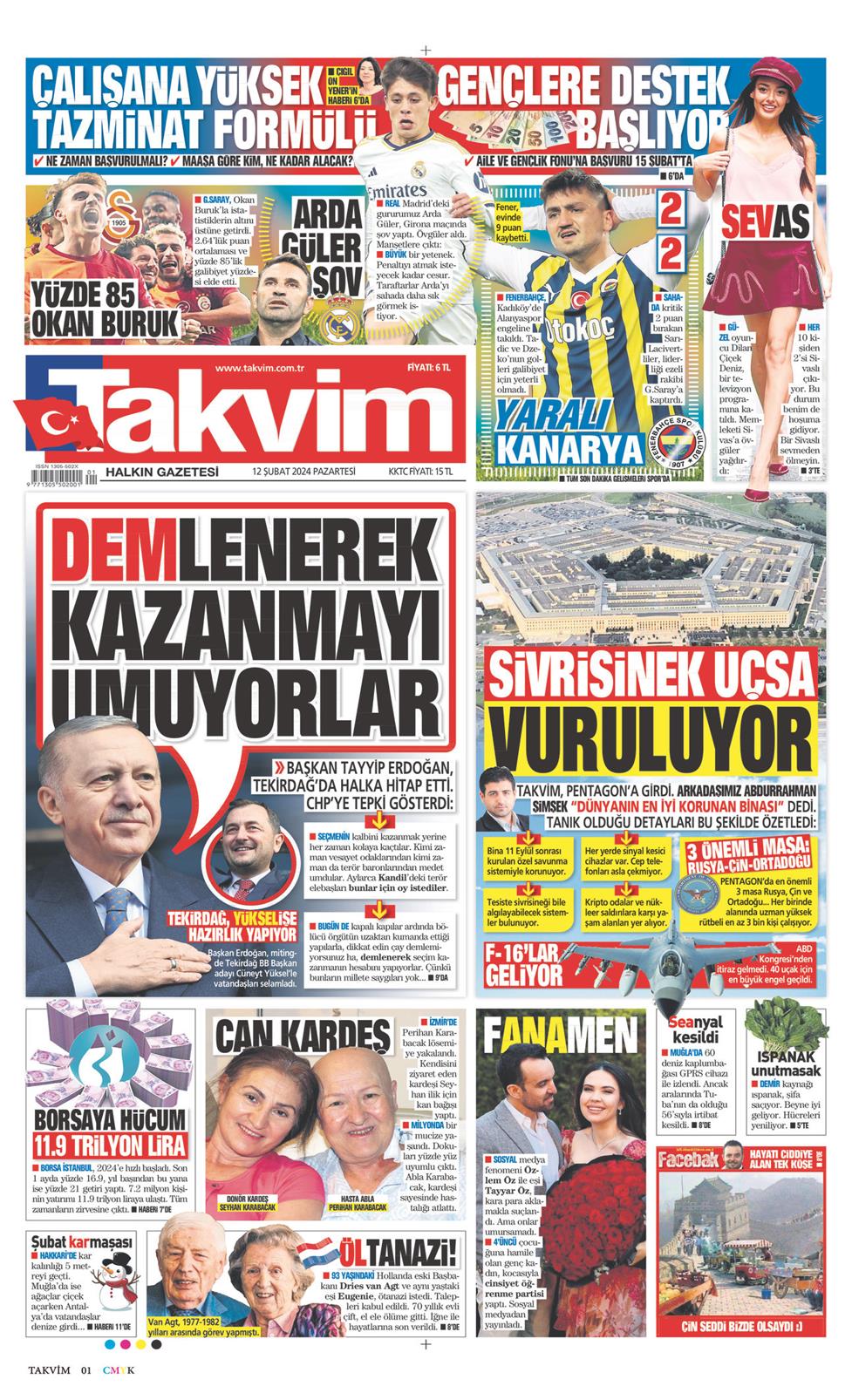 12 Şubat 2024 Pazartesi - Takvim gazetesi manşet