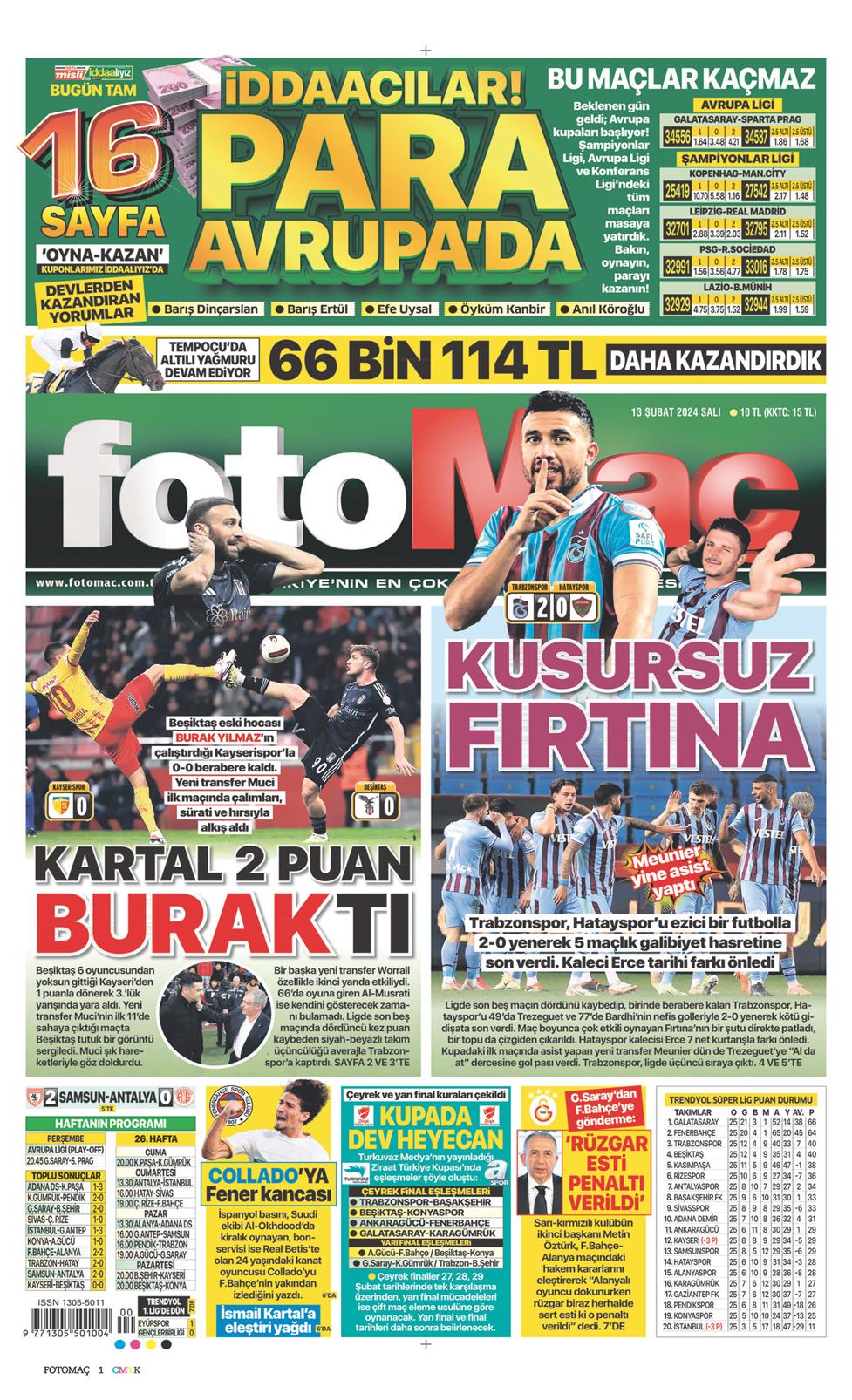 13 Şubat 2024 Salı - Fotomaç gazetesi manşet