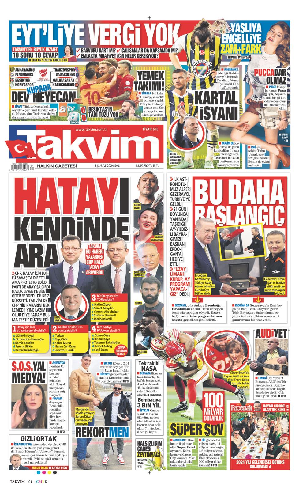 13 Şubat 2024 Salı - Takvim gazetesi manşet