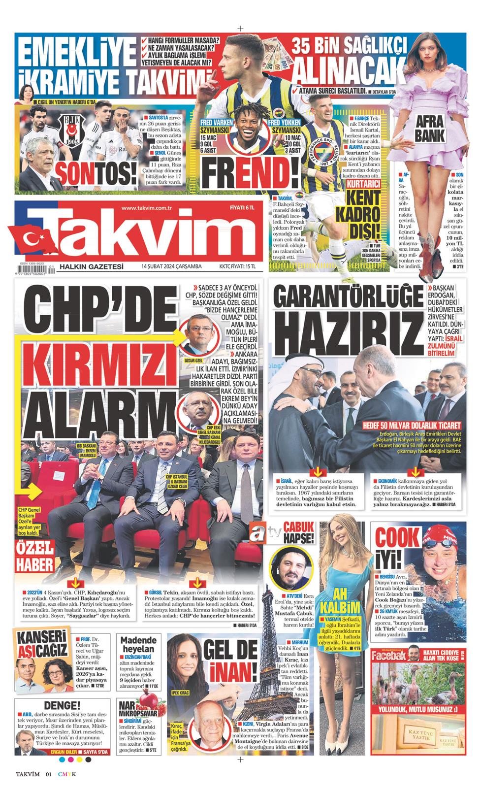 14 Şubat 2024 Çarşamba - Takvim gazetesi manşet