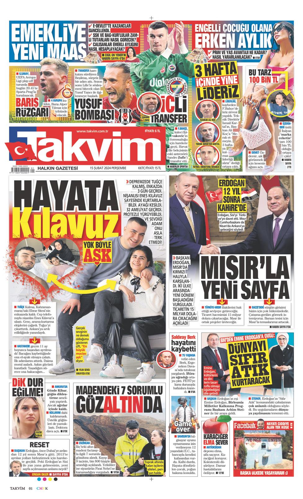 15 Şubat 2024 Perşembe - Takvim gazetesi manşet