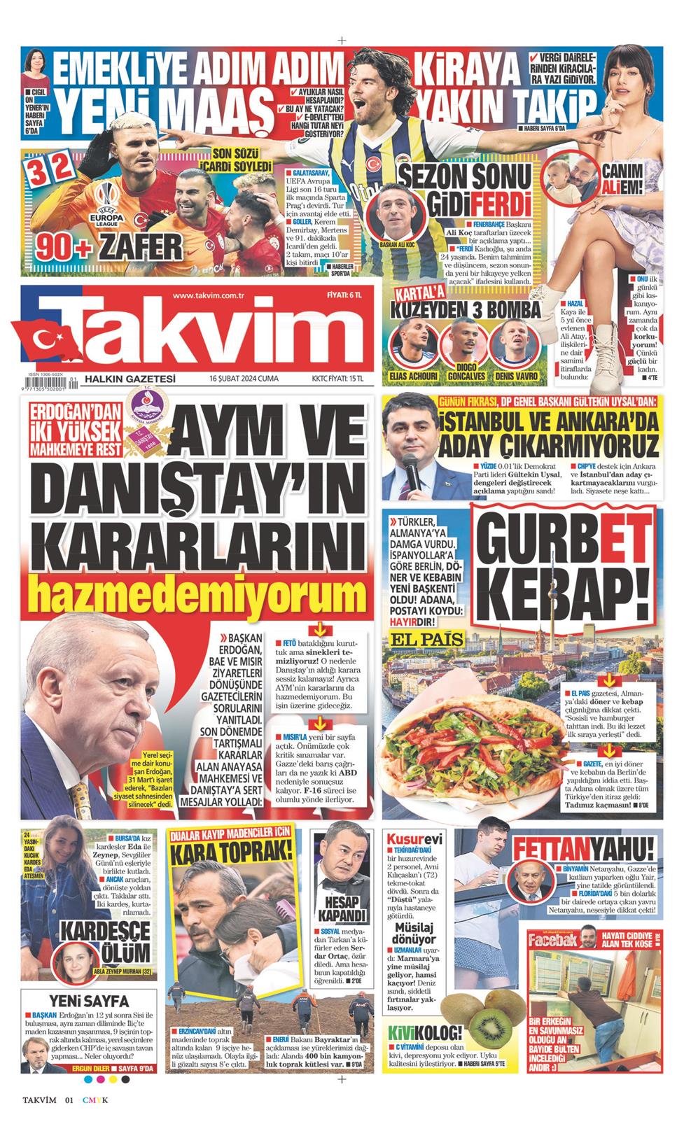 16 Şubat 2024 Cuma - Takvim gazetesi manşet