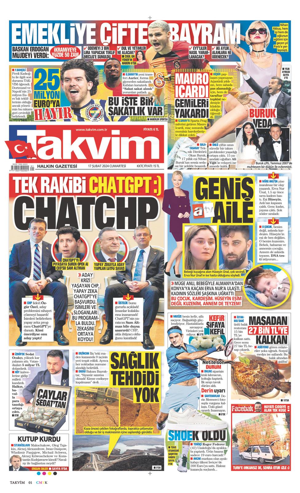 17 Şubat 2024 Cumartesi - Takvim gazetesi manşet