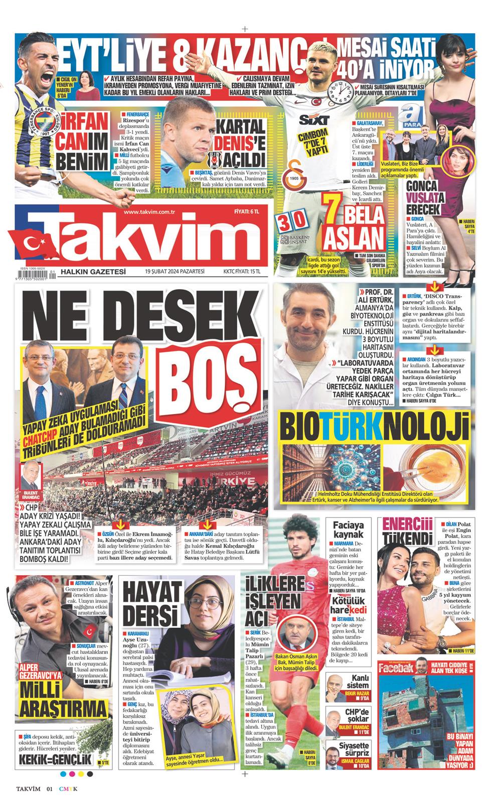 19 Şubat 2024 Pazartesi - Takvim gazetesi manşet