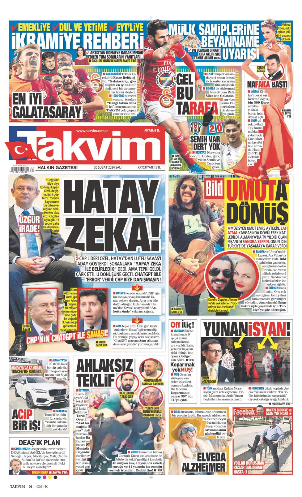 20 Şubat 2024 Salı - Takvim gazetesi manşet