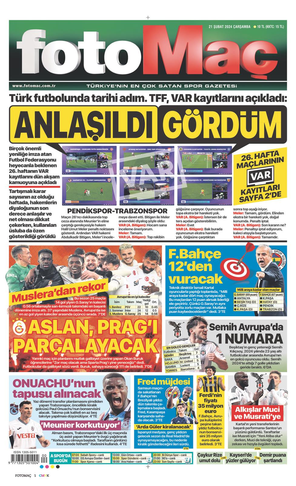 21 Şubat 2024 Çarşamba - Fotomaç gazetesi manşet