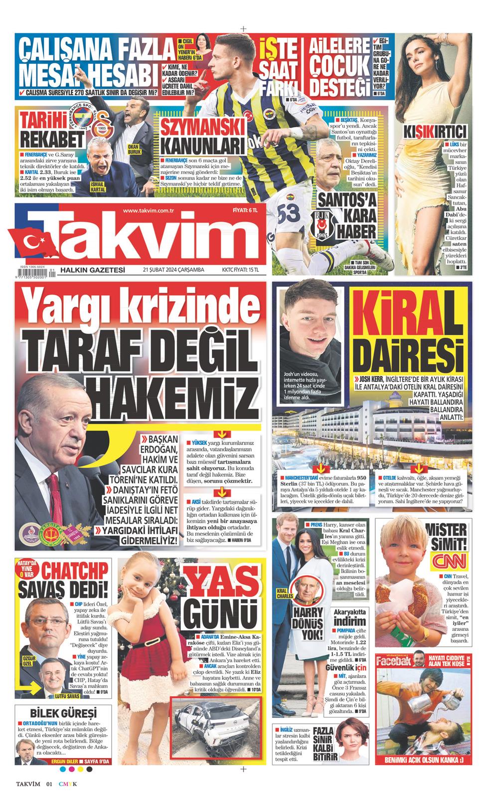 21 Şubat 2024 Çarşamba - Takvim gazetesi manşet