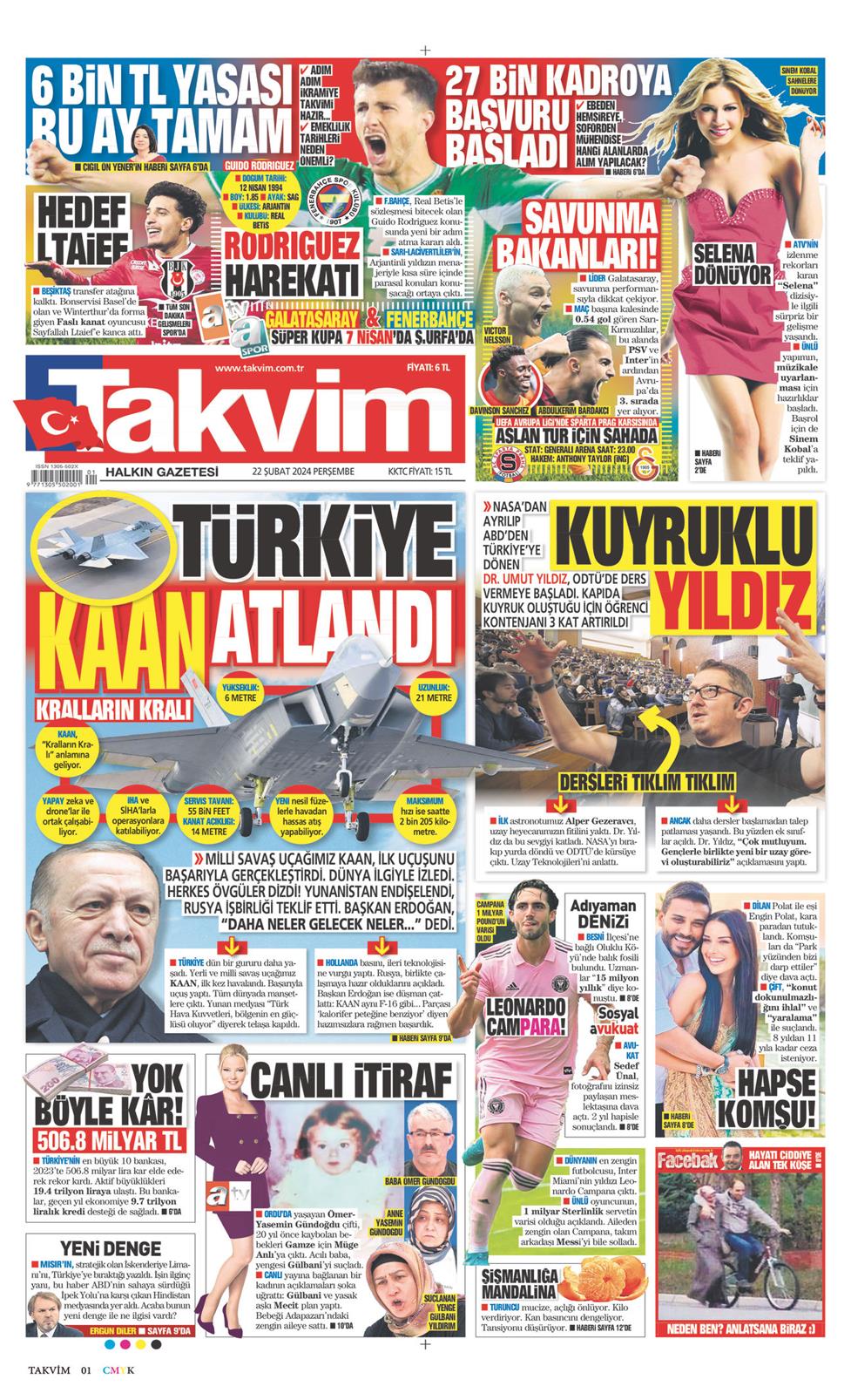 22 Şubat 2024 Perşembe - Takvim gazetesi manşet