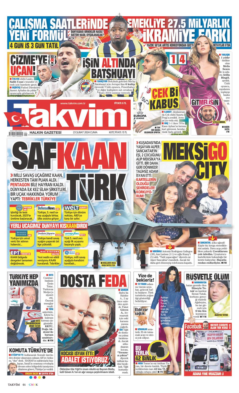 23 Şubat 2024 Cuma - Takvim gazetesi manşet