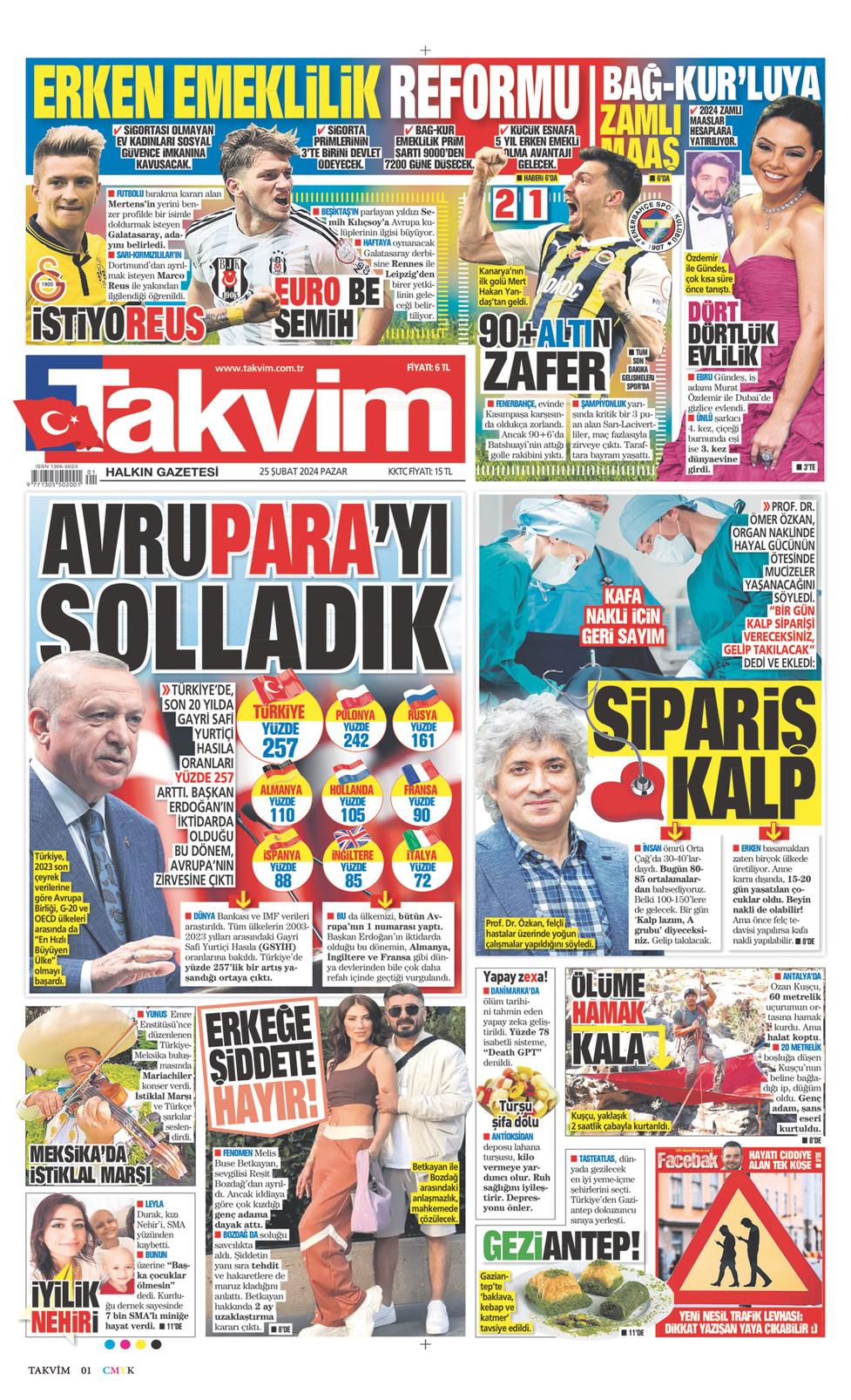 25 Şubat 2024 Pazar - Takvim gazetesi manşet