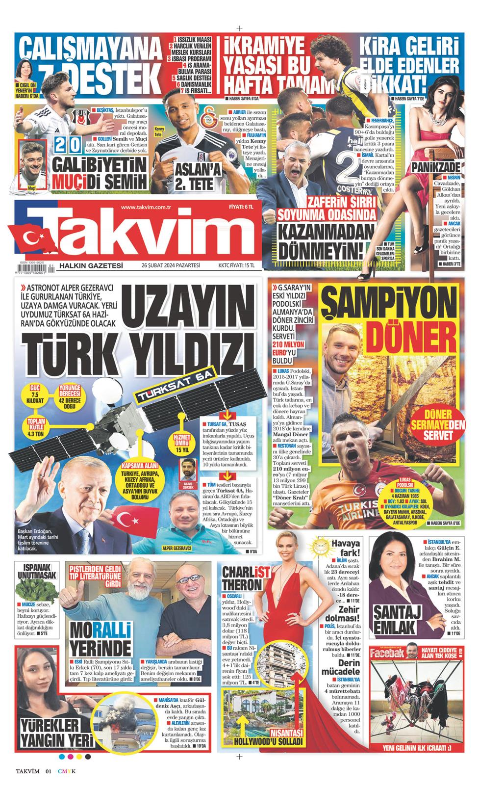 26 Şubat 2024 Pazartesi - Takvim gazetesi manşet