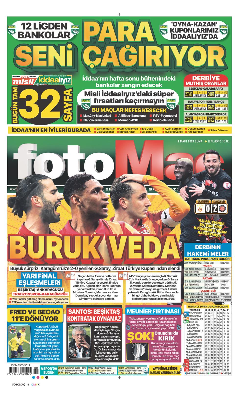 01 Mart 2024 Cuma - Fotomaç gazetesi manşet