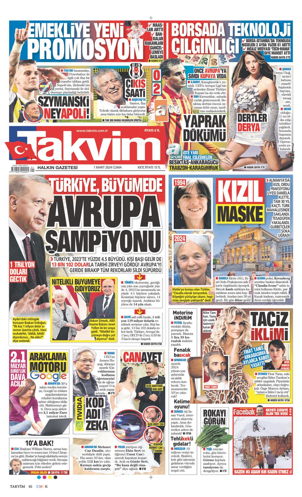 01 Mart 2024 Cuma - Takvim gazetesi manşet