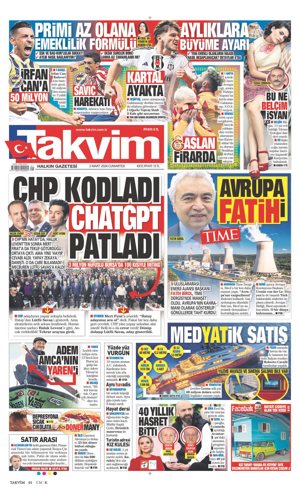 02 Mart 2024 Cumartesi - Takvim gazetesi manşet