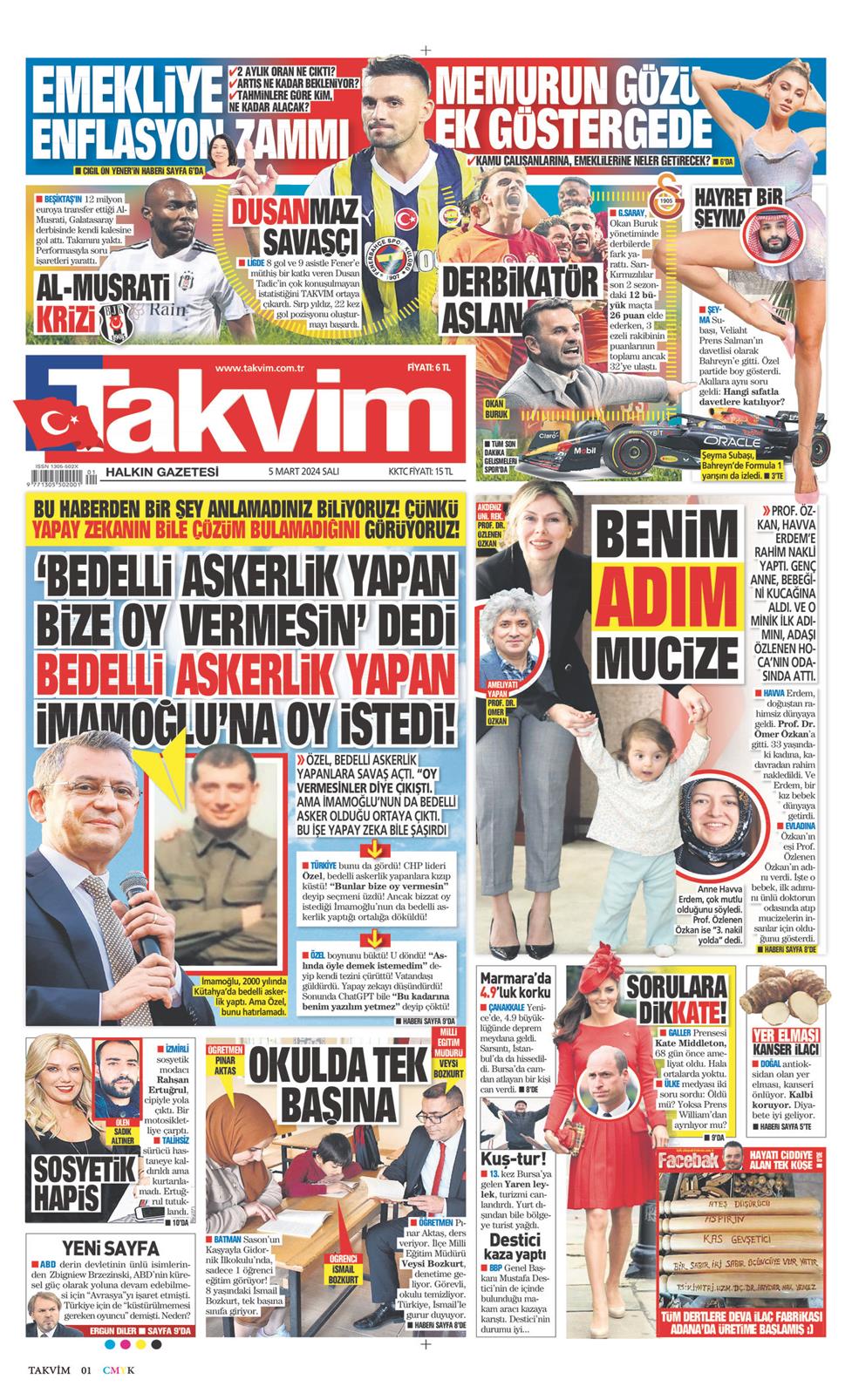 05 Mart 2024 Salı - Takvim gazetesi manşet