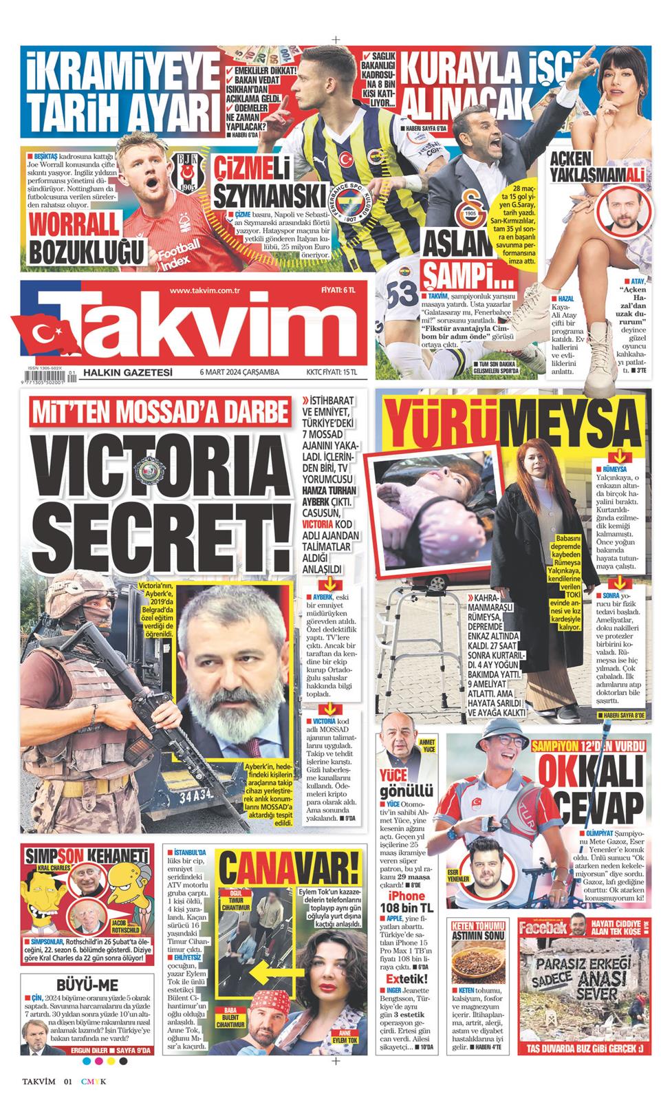 06 Mart 2024 Çarşamba - Takvim gazetesi manşet