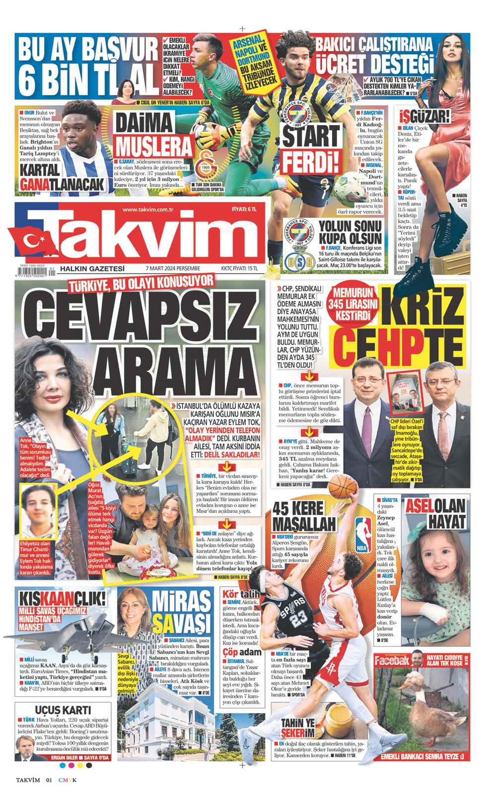 07 Mart 2024 Perşembe - Takvim gazetesi manşet