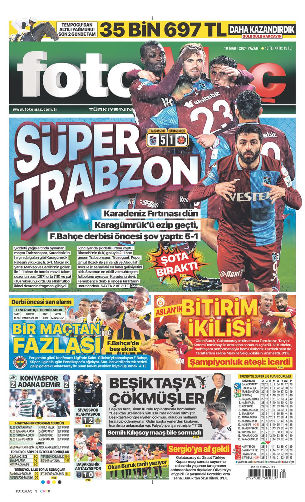 10 Mart 2024 Pazar - Fotomaç gazetesi manşet