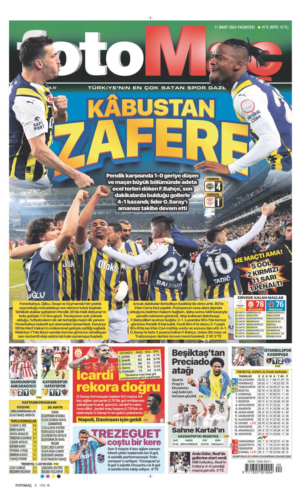 11 Mart 2024 Pazartesi - Fotomaç gazetesi manşet