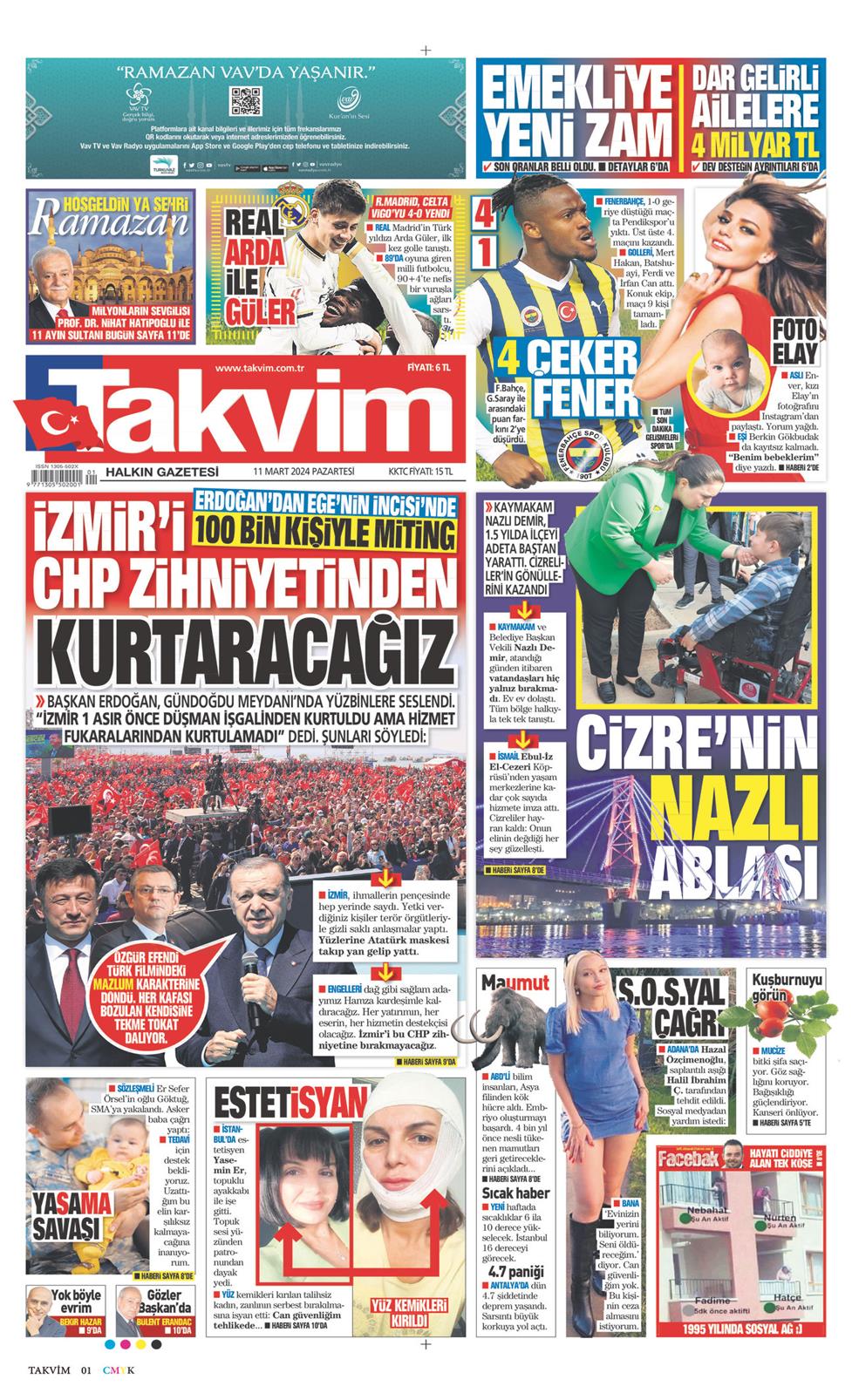 11 Mart 2024 Pazartesi - Takvim gazetesi manşet