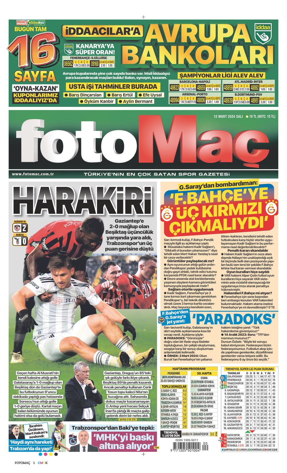 12 Mart 2024 Salı - Fotomaç gazetesi manşet