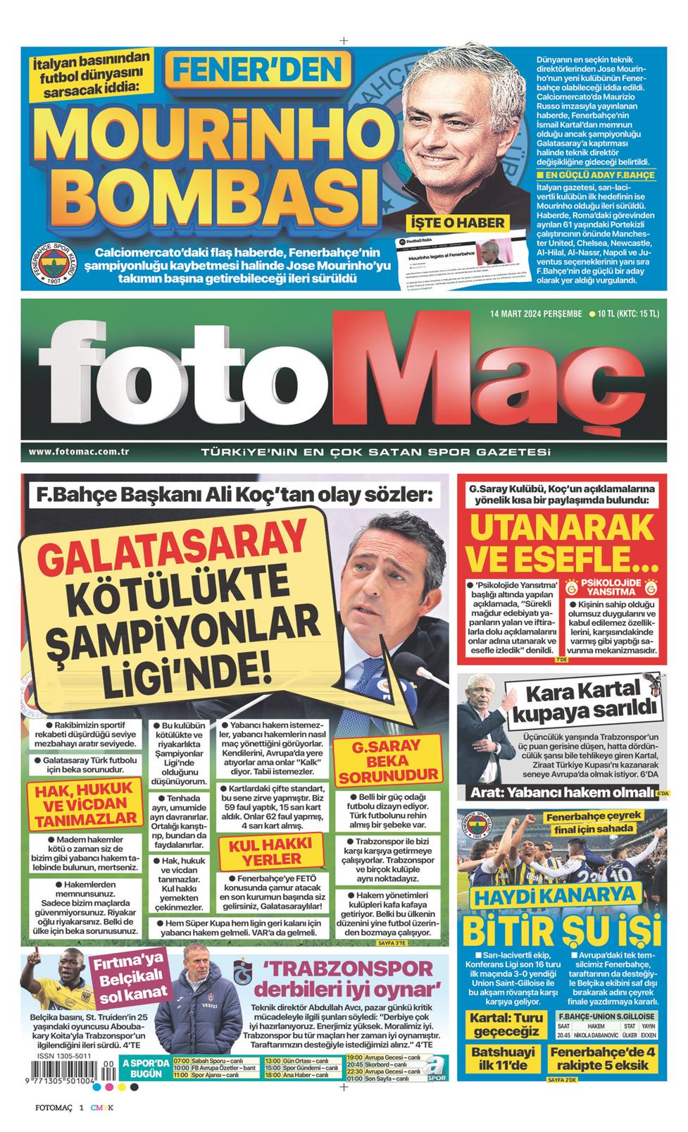 14 Mart 2024 Perşembe - Fotomaç gazetesi manşet