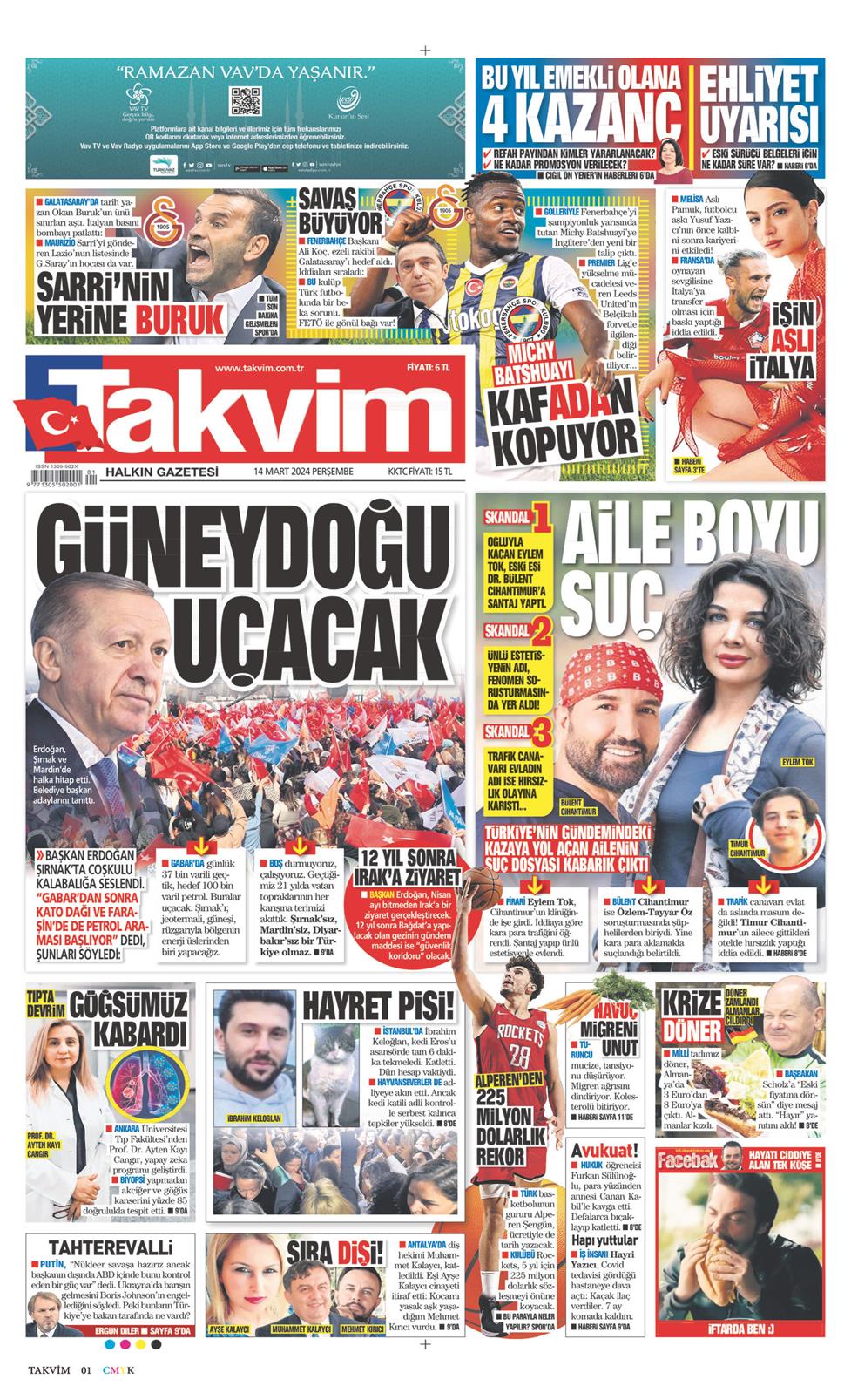 14 Mart 2024 Perşembe - Takvim gazetesi manşet