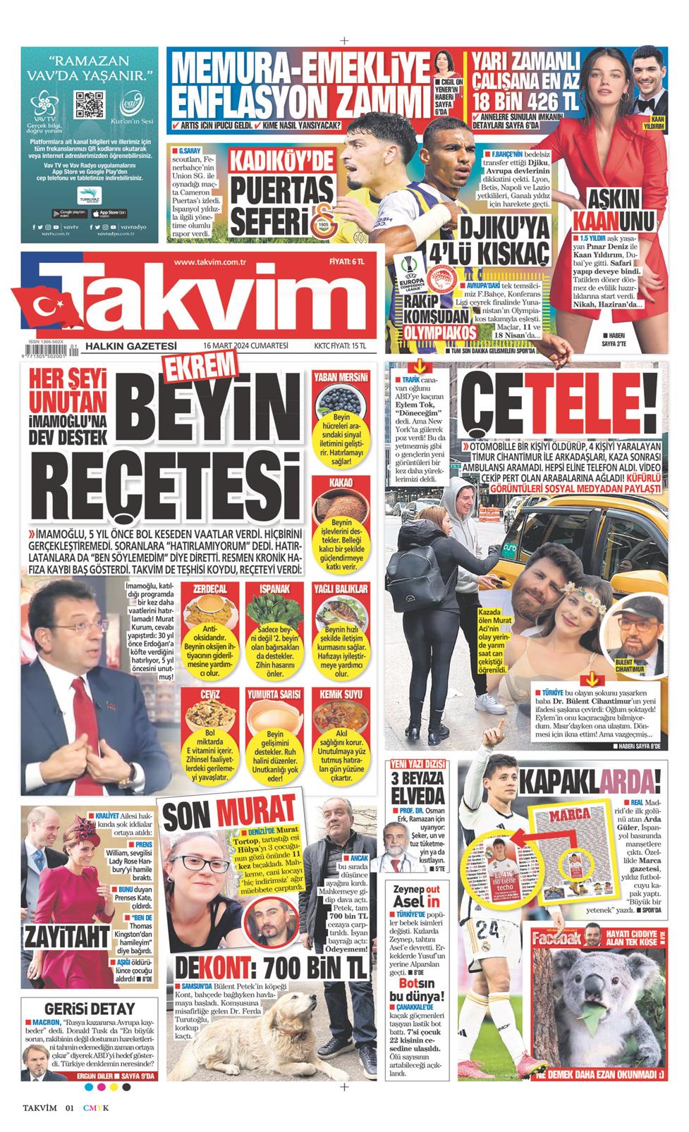 16 Mart 2024 Cumartesi - Takvim gazetesi manşet