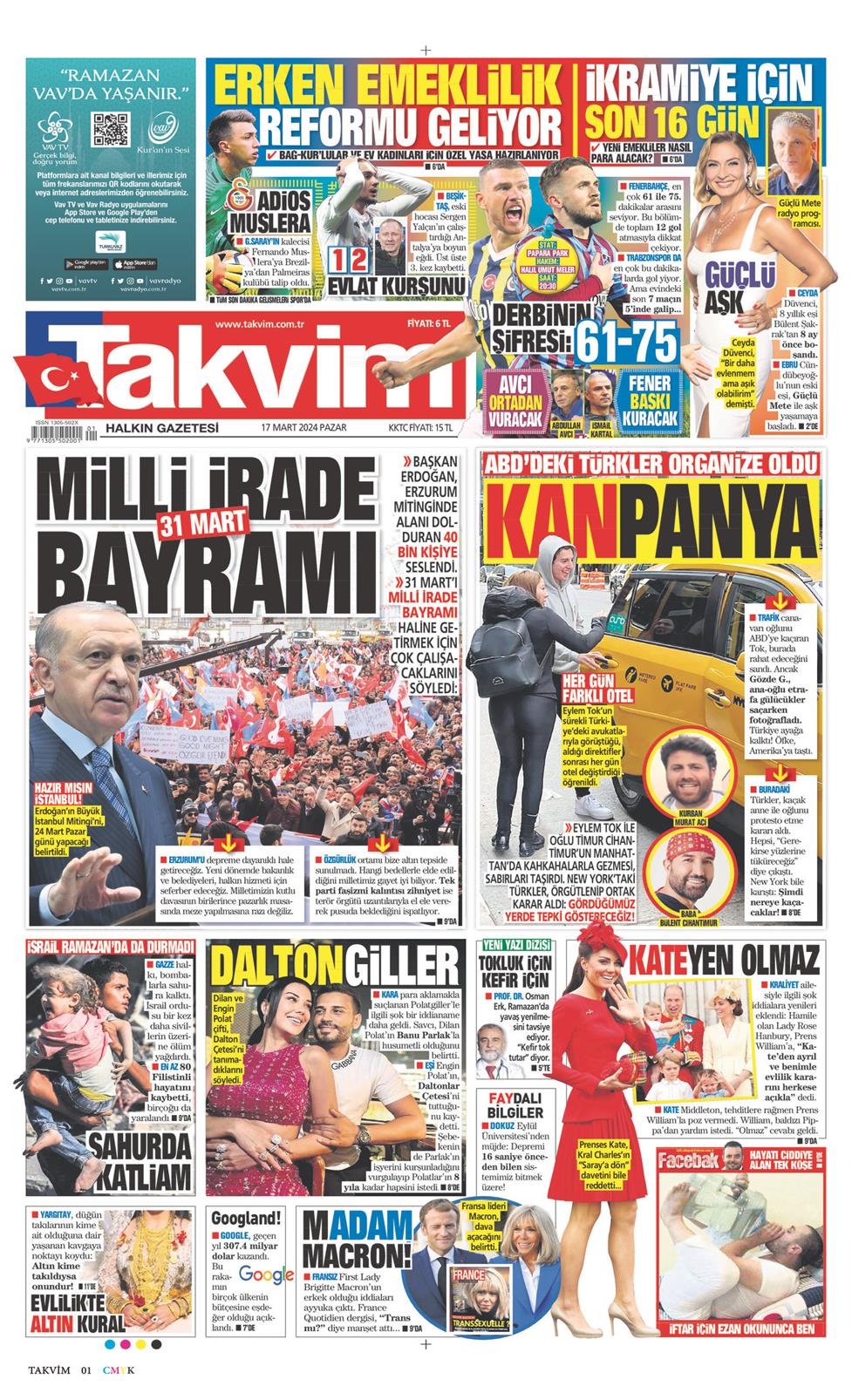 17 Mart 2024 Pazar - Takvim gazetesi manşet