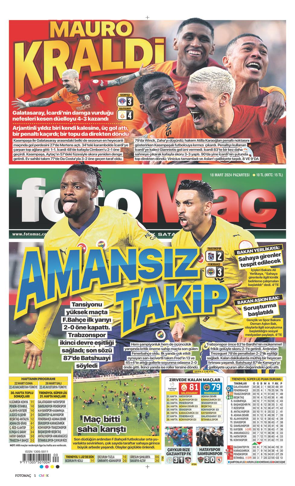 18 Mart 2024 Pazartesi - Fotomaç gazetesi manşet