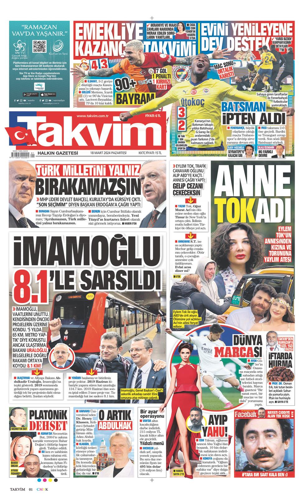 18 Mart 2024 Pazartesi - Takvim gazetesi manşet