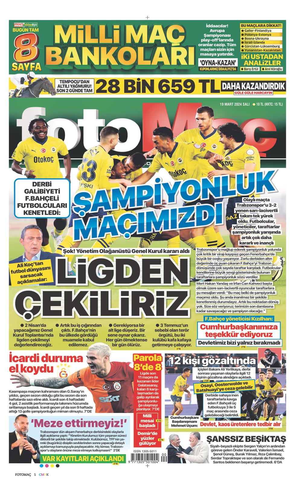 19 Mart 2024 Salı - Fotomaç gazetesi manşet