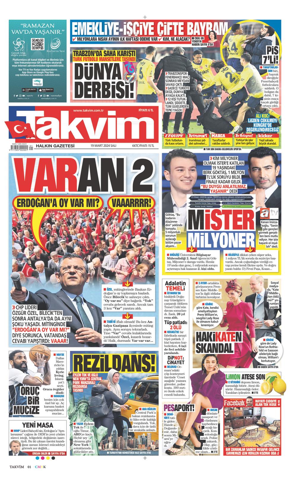 19 Mart 2024 Salı - Takvim gazetesi manşet