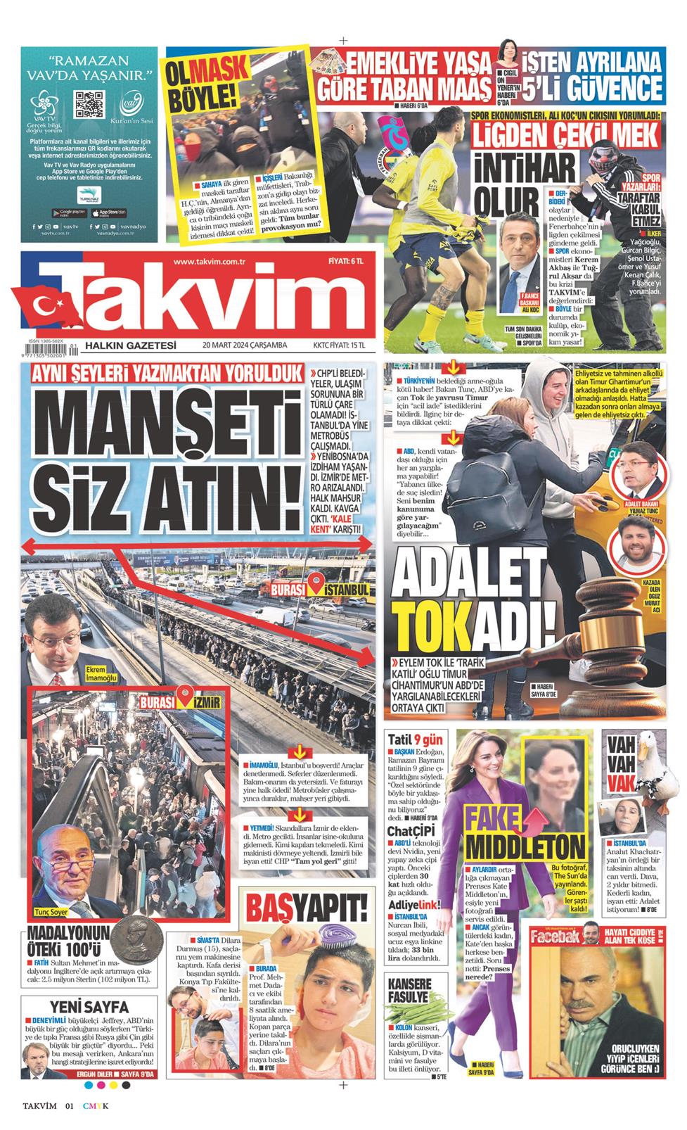 20 Mart 2024 Çarşamba - Takvim gazetesi manşet