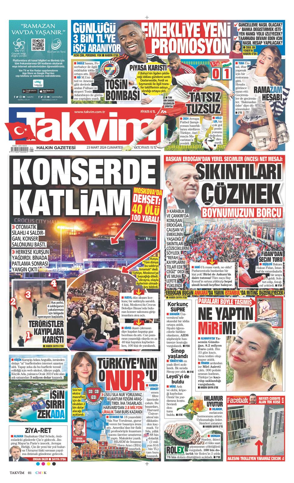 23 Mart 2024 Cumartesi - Takvim gazetesi manşet