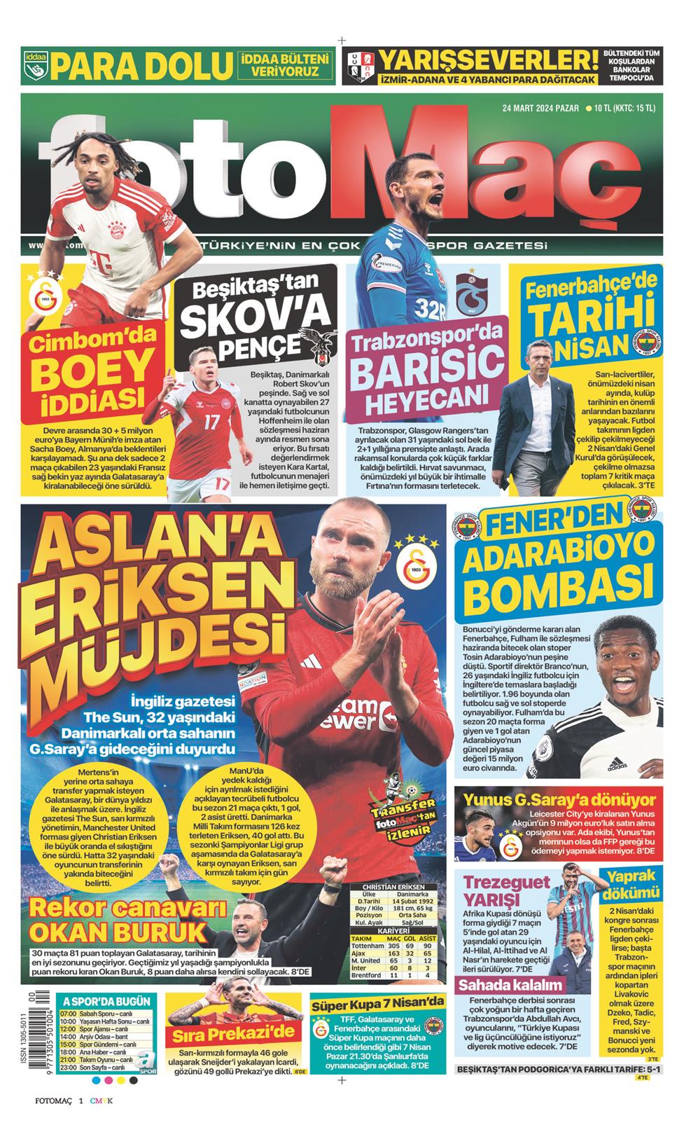 24 Mart 2024 Pazar - Fotomaç gazetesi manşet