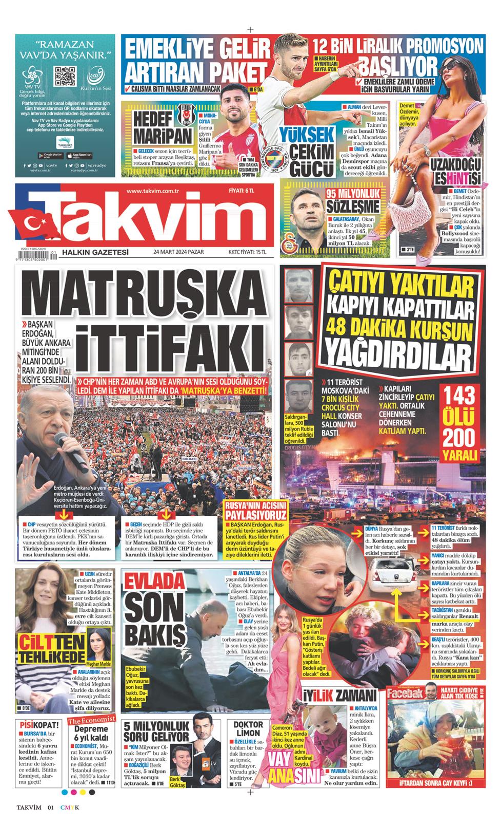 24 Mart 2024 Pazar - Takvim gazetesi manşet