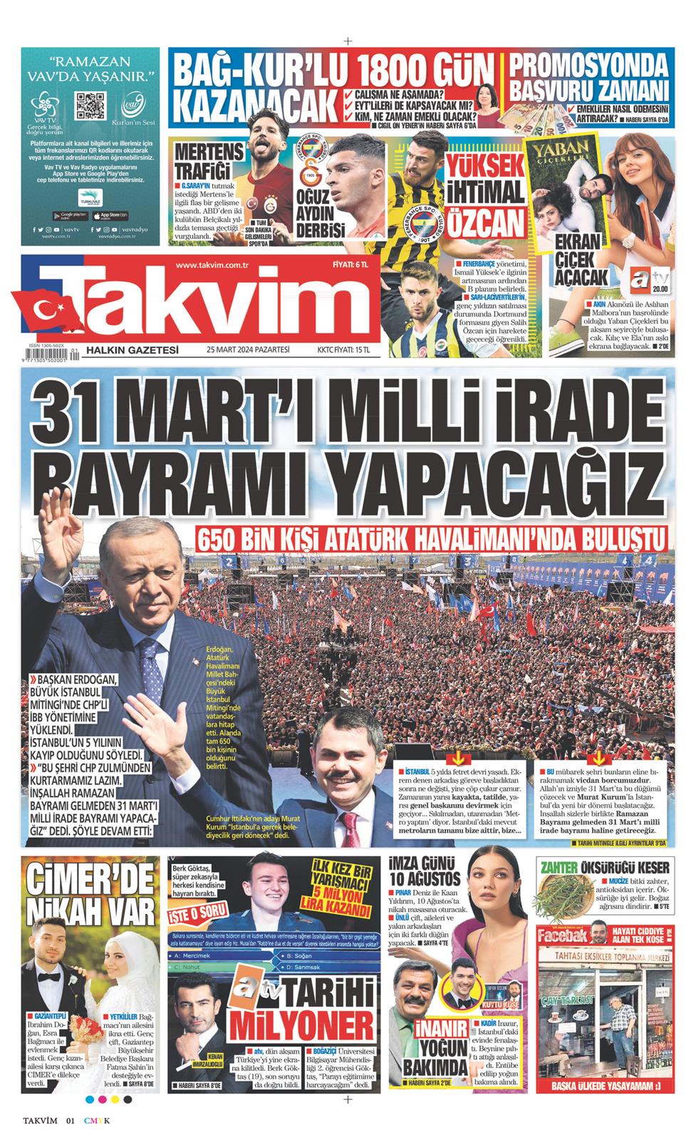 25 Mart 2024 Pazartesi - Takvim gazetesi manşet