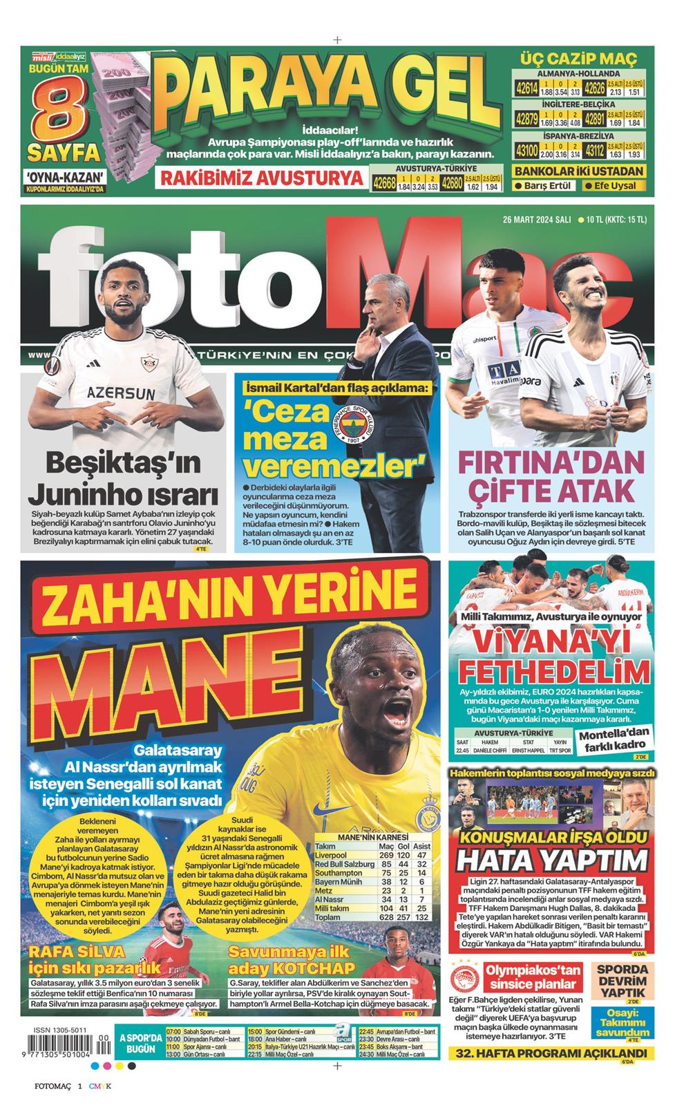 26 Mart 2024 Salı - Fotomaç gazetesi manşet